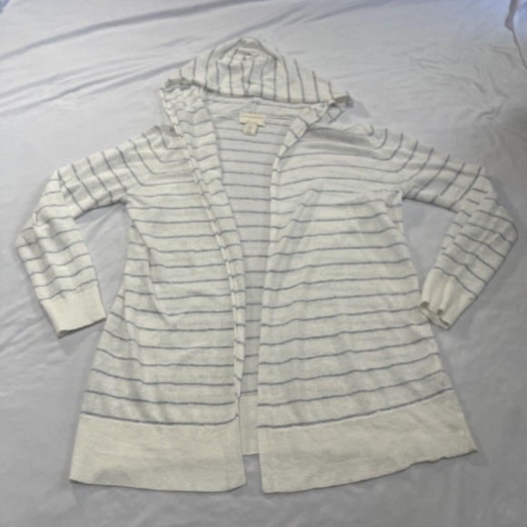 Cynthia Rowley Striped Hooded Cardigan Sweater Nautical Medium 100% Linen M - Picture 1 of 8
